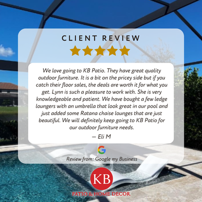 Client Reviews - Moorings - Park Shore
2604 Tamiami Trail N 34103    ​
239-263-6799
https://www.kbpatiofurniture.com/