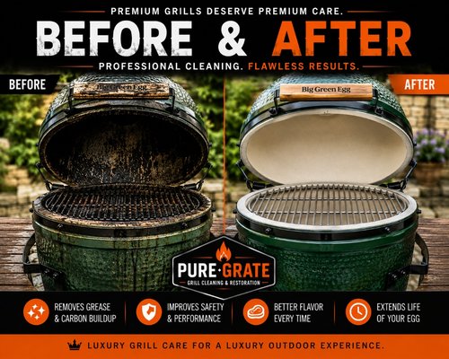 Big Green Egg Grill Restoration - Hoffman Estates, IL - This Big Green Egg grill in Hoffman Estates had accumulated heavy grease, carbon buildup, and cooking residue from years of regular use. The interior surfaces, cooking grate, and ceramic components showed significant buildup that was affecting both appearance and overall cooking experience.
Our restoration process included a comprehensive deep cleaning of the cooking grate, interior ceramic surfaces, firebox area, and accessible components. We removed accumulated grease, carbon deposits, ash, and food residue while carefully restoring the grill's appearance and functionality.
The transformation dramatically improved the grill's condition, restoring a clean cooking environment and helping the owner get more enjoyment from their Big Green Egg. Regular professional grill cleaning helps reduce excessive buildup, improve cooking performance, extend equipment life, and maintain the premium appearance of luxury outdoor cooking equipment.
At Pure Grate, we specialize in cleaning and restoring Big Green Egg grills, Weber grills, Traeger pellet grills, smokers, built-in grills, and complete outdoor kitchens throughout Hoffman Estates, Kane County, and surrounding communities.
Whether your grill needs seasonal maintenance, a deep restoration, or preparation for grilling season, our professional grill cleaning service helps bring your equipment back to its best condition. Big Green Egg Grill Restoration - Hoffman Estates, IL - This Big Green Egg grill in Hoffman Estates had accumulated heavy grease, carbon buildup, and cooking residue from years of regular use. The interior surfaces, cooking grate, and ceramic components showed significant buildup that was affecting both appearance and overall cooking experience.
Our restoration process included a comprehensive deep cleaning of the cooking grate, interior ceramic surfaces, firebox area, and accessible components. We removed accumulated grease, carbon deposits, ash, and food residue while carefully restoring the grill's appearance and functionality.
The transformation dramatically improved the grill's condition, restoring a clean cooking environment and helping the owner get more enjoyment from their Big Green Egg. Regular professional grill cleaning helps reduce excessive buildup, improve cooking performance, extend equipment life, and maintain the premium appearance of luxury outdoor cooking equipment.
At Pure Grate, we specialize in cleaning and restoring Big Green Egg grills, Weber grills, Traeger pellet grills, smokers, built-in grills, and complete outdoor kitchens throughout Hoffman Estates, Kane County, and surrounding communities.
Whether your grill needs seasonal maintenance, a deep restoration, or preparation for grilling season, our professional grill cleaning service helps bring your equipment back to its best condition.