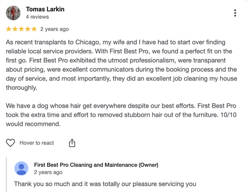 Client Reviews - Your keys to property services." First Best Pro is a building maintenance company located in Chicago, IL. Family owned and operated serving both commercial and residential clients. LICENSED, INSURED, OSHA and BBB ACCREDITED. Certified commercial custodian. We specialize in the maintenance and cleaning of homes, commercial, office, Air BNB, move In/move out, green, realty, post construction, pre-post event, senior assisted living facilities. From cleaning, floor care, to handyman services. Our staff is fully trained and focuses on elite quality and customer's satisfaction. We take pride in our work, paying close attention to details, and never cut corners. Work 100% GUARANTEED. Get in touch today for more info and a peace of mind! Call now