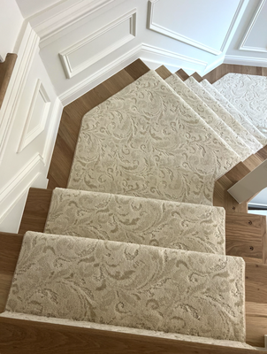 Accent Stair Runner Floral Pattern Carpet in Cream Color - This customer has children and pets at home. They wanted stair runner to provide more traction for little ones to run around. This cream color carpet is great accent that adds to the beauty of the home and protects the wooden stairs from lots of traffic.