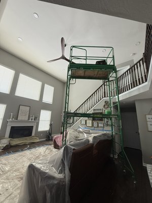 Lighting and Fan Addition - Customer wanted to add lights and a fan to their living room, such a high ceiling required us to build scaffold to access ceiling. Job was completed in time and on budget. Customer was happy. Lighting and Fan Addition - Customer wanted to add lights and a fan to their living room, such a high ceiling required us to build scaffold to access ceiling. Job was completed in time and on budget. Customer was happy.