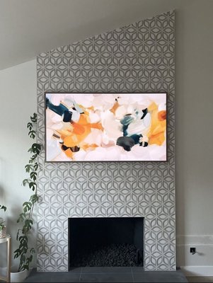 Frame TV installed with recessed box on tile surfaced fireplace - Frame TV installed with recessed box on tile surfaced fireplace Frame TV installed with recessed box on tile surfaced fireplace - Frame TV installed with recessed box on tile surfaced fireplace