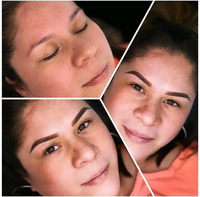 Ombré Brows - Ombré brows are created with a technique called micro shading. Micro shading is used with a tattoo gun. Unlike traditional tattoo, micro shading only hits the first layer of the epidermidis while traditional tattoo hits the third layer of the dermis. Micro shading will look like powder on the brows when healed and is a much softer look than traditional tattoo. The term ombré comes from the look of the brows going from darker towards the tail into a lighter fade towards the front.￼