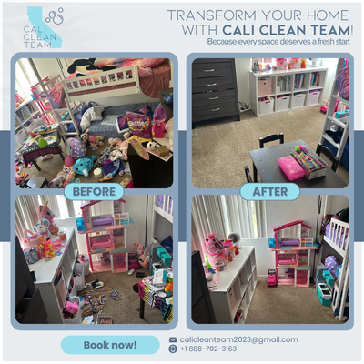 Witness the Transformation: Cali Clean Team’s Magic Touch - Witness the incredible transformation of a children's room with Cali Clean Team! Our highly trained professionals specialize in residential cleaning services across Oceanside, Vista, Carlsbad, Cardiff, San Marcos, Fallbrook, San Diego, Escondido, Bonsall and nearby areas. We excel in Housekeeping Services, Deep Cleaning, and Move-Out Cleaning, turning chaotic spaces into spotless, organized environments ideal for play and creativity.

From routine Maintenance Cleaning and Maid Services to thorough Deep Cleaning and Move-Out Cleaning, we use pet and kid-friendly products to ensure a cleaner and safer space. Enjoy affordable pricing and a sparkling home or office with our expert services. Transform your space with Cali Clean Team today!

#HousekeepingService #DeepCleaningHouse #HouseCleaner #HomeCleaners #CleaningCompany #ProfessionalCleaningService #ResidentialCleaning #PetFriendlyCleaning #SpotlessHome