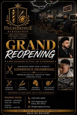 The Highbridge Story - A New Chapter for Highbridge One.

For years, this address has served the Bowie community as a trusted home for grooming. Today, under new ownership and following a complete renovation, Highbridge One reopens its doors — the same trusted location, reimagined for a modern era of premium barbering.

A barbershop, a gallery, and a meeting place — all under one roof.

Highbridge One was built on a simple belief: a great cut deserves a great room. We set out to design a space that felt less like a barbershop and more like a private club — where the craft of grooming sits alongside the work of artists, and where members and guests are welcomed with equal warmth.

Every chair, every frame on the wall, every detail has been chosen to honor the people of Bowie and the broader DMV community we serve.

Visit our website today to begin your experience. Make sure to ask about our memberships.