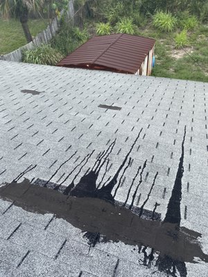Shingle reroof - We were happy to help this homeowner get a new beautiful shingle roof. The previous roof had been damaged in a hurricane but never replaced. Dumping tar on missing shingles is not a permanent solution. The new shingle roof is waterproof and under warranty!