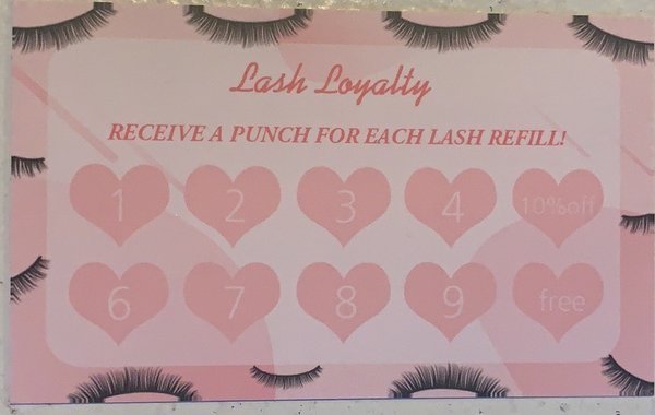 Our loyalty program - 5th visit, 10% off your service, 10th visit, free lash refill. Call or go on our website today to book now! Our loyalty program - 5th visit, 10% off your service, 10th visit, free lash refill. Call or go on our website today to book now!