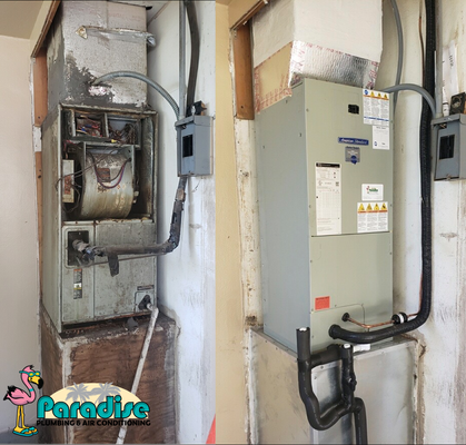 Garage Air Conditioning Replacement - Paradise Plumbing & Air Conditioning removed the existing air conditioning system & furnish/installed a new central air conditioning system with a new return box. Garage Air Conditioning Replacement - Paradise Plumbing & Air Conditioning removed the existing air conditioning system & furnish/installed a new central air conditioning system with a new return box.