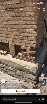 Brick repair - On this building there was a lot of damage and broken bricks. We removed the damaged and broken bricks shored up the rest of the wall and installed the appropriate replacement with an appropriate mortar match
