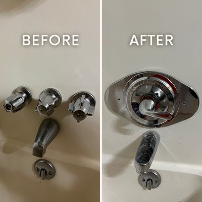 Bathtub faucet updated - Existing faucet was very old (approx 40 years) and leaking. New modern faucet installed for a fresh new look. Bathtub faucet updated - Existing faucet was very old (approx 40 years) and leaking. New modern faucet installed for a fresh new look.