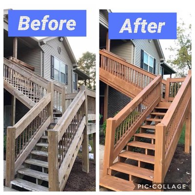 Deck Pressure Washing - Before and after deck/stair pressure washing. This is a combination of soft wash and the right amount of cleaning supplies. As a result we have a deck looking like new again. Deck Pressure Washing - Before and after deck/stair pressure washing. This is a combination of soft wash and the right amount of cleaning supplies. As a result we have a deck looking like new again.