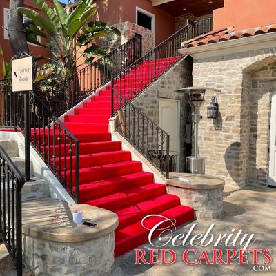Custom Red Carpet Stairs - Most difficult task for events! Can you red carpet the staircase?... Yes we can! At Celebrity Red Carpets we are professionals at installing red carpets and customizing the red carpet experience for you and your guests.