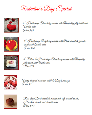 Valentine's Day Special - We at Marvelcake have prepared a selection of Valentine's Day pastries for you. Call store or visit our website for more information and save your pastries. Products are limited. Valentine's Day Special - We at Marvelcake have prepared a selection of Valentine's Day pastries for you. Call store or visit our website for more information and save your pastries. Products are limited.