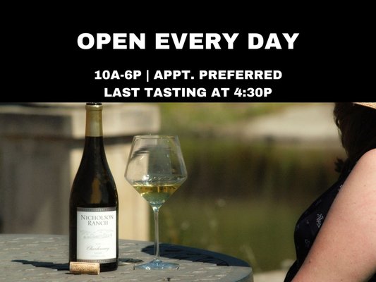 Open 7 days a Week - We look forward to hosting you seated in our courtyard, up to 6 people per table as we walk you through the history of the grapes, the terroir, and the winery. We request a reservation so we can be sure to accommodate your group, however, we also accept walk-ins as availablity allows.
If the weather is poor, we have our vintner's room available with heat and A/C. Book your tasting online at nicholsonranch.com/visit Open 7 days a Week - We look forward to hosting you seated in our courtyard, up to 6 people per table as we walk you through the history of the grapes, the terroir, and the winery. We request a reservation so we can be sure to accommodate your group, however, we also accept walk-ins as availablity allows.
If the weather is poor, we have our vintner's room available with heat and A/C. Book your tasting online at nicholsonranch.com/visit