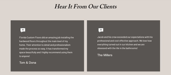 Client Testimonials - Florida Custom Floors is a small local business with 10+ years of experience in the remodel industry. We strive to meet our clients needs and are ready to assist you with all your renovation solutions. Don't just take our word for it. Hear what our clients have to say!
floridacustomfloors.jm@gmail.com
Tel: 904-793-1065 Client Testimonials - Florida Custom Floors is a small local business with 10+ years of experience in the remodel industry. We strive to meet our clients needs and are ready to assist you with all your renovation solutions. Don't just take our word for it. Hear what our clients have to say!
floridacustomfloors.jm@gmail.com
Tel: 904-793-1065
