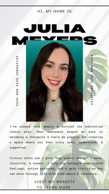 Working With Me 🧠✨ 🌿 - Working with me is collaborative, intuitive, and deeply human. Therapy isn’t just about talking; it’s about slowing down enough to notice the patterns shaping your thoughts, relationships, and sense of self.
In our work together, we explore what’s beneath the surface. The subtle emotions. The unspoken dynamics. The parts of you that feel misunderstood or overwhelmed. I’ll help you untangle what feels complicated, strengthen your boundaries, and build trust in your own intuition.
Clients often describe my approach as warm, grounded, and “big sister energy” — supportive but honest. Our goal is clarity, alignment, and helping you move through life feeling more confident, empowered, and at peace. Working With Me 🧠✨ 🌿 - Working with me is collaborative, intuitive, and deeply human. Therapy isn’t just about talking; it’s about slowing down enough to notice the patterns shaping your thoughts, relationships, and sense of self.
In our work together, we explore what’s beneath the surface. The subtle emotions. The unspoken dynamics. The parts of you that feel misunderstood or overwhelmed. I’ll help you untangle what feels complicated, strengthen your boundaries, and build trust in your own intuition.
Clients often describe my approach as warm, grounded, and “big sister energy” — supportive but honest. Our goal is clarity, alignment, and helping you move through life feeling more confident, empowered, and at peace.