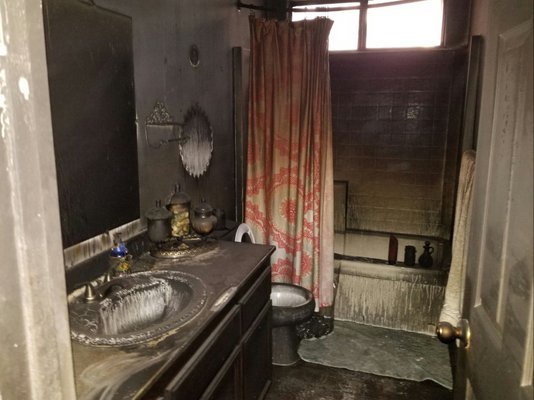 Bathroom restoration after a fire - The bathroom was fully restored after a fire. Heavy smoke & soot damage throughout the house.
