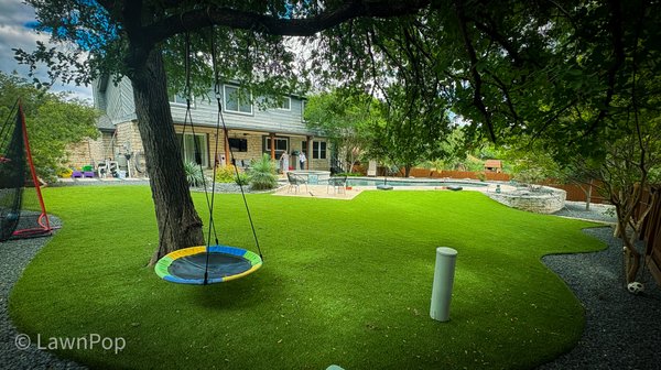 Backyard fun for the family! - Design and install a backyard remodel that is now a great space for the family to entertain friends and family. No more mud or tracking and dirt from the kids and pets.  LawnPop synthetic turf is a fantastic eco-friendly design solution that saves water and utility bills.  LawnPop is the artificial turf expert in Austin Texas.