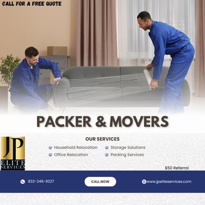 Professional Moving Services - JP Elite Services Movers arrived on time, handle items safely, pack and load efficiently, protect furniture and fragile goods, and maintain good communication with the client during the move.