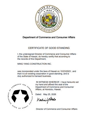 CERTIFICATE OF GOOD STANDING - Your trust matters to us. We can provide our Certificate of Good Standing and client references upon request, so you can feel confident working with a reliable and verified company. CERTIFICATE OF GOOD STANDING - Your trust matters to us. We can provide our Certificate of Good Standing and client references upon request, so you can feel confident working with a reliable and verified company.