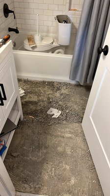 Bathroom update - A plumbing leak had caused significant damage to the floor of this bathroom. This customer was relieved to have us take care of the problem and update the bathroom to their liking! Bathroom update - A plumbing leak had caused significant damage to the floor of this bathroom. This customer was relieved to have us take care of the problem and update the bathroom to their liking!
