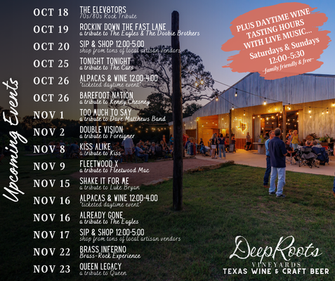 Upcoming Live Music Events - Live music events are held on Friday and Saturday evenings! We are also open for weekend daytime tasting hours on Saturdays 12:00-5:30 and Sunday 2:00-6:30 with live music! Come experience DeepRoots Vineyards!