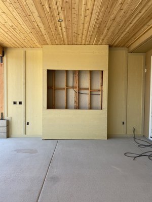 Scripps ranch patio cover - 40’x 18’ patio cover with exposed beams, cedar t&g ceiling, drop beams,  backdrop w/ tv cubbyhole, board and bat, lights, fan & heaters