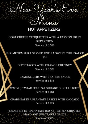 New Year’s Eve menu - If you are looking to host a party for New Year’s Eve, we are offering a hot and cold appetizers menu! New Year’s Eve menu - If you are looking to host a party for New Year’s Eve, we are offering a hot and cold appetizers menu!