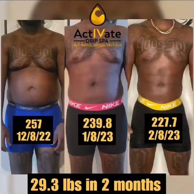Weight Loss - Weight loss management program of Semaglutide (Brand name – Wegovy/Ozempic) or Tirzepatide (Brand name – Mounjaro) includes a personalized consultation of your medical history, an EKG, vitals, weight, body measurements, labs, and either weekly in-office or take-home injections that last every 4 weeks. All patients at ActIVate Drip Spa receive a personalized program that aims to not only optimize weight loss but to improve overall health.

Medical Weight Loss requires an 8-week commitment.

Call or Text for Pricing at 832-810-DRIP (3747)