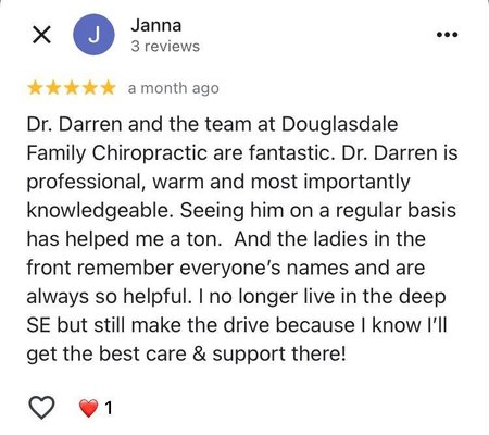 5-Star Experiences - Our practice members say it best! We’re grateful for the kind words and continued trust from those who choose Douglasdale Family Chiropractic for their health and wellness. 5-Star Experiences - Our practice members say it best! We’re grateful for the kind words and continued trust from those who choose Douglasdale Family Chiropractic for their health and wellness.