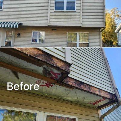 Replacement fasica/soffit - Our customer called initially due to her soffit hanging down approximately 1/4". Upon tear down, we discovered all the wood was rotted and needed to be replaced. After replacement, the customer was extremely satisfied with the perfect color match and outcome!
