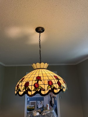 Beautiful hanging light fixture installed - Client called stating he almost was able to hang this gorgeous light by himself but needed an extra hand and didn’t wanna risk breaking a $800 beautiful hand made stained glass dining room light! Jo’s Handyman service swooped in and had it working within a hour!! That’s speed!!!