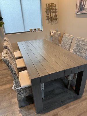 Dining Table Refinish - We are thrilled to present a recent project where we refinished a dining table, transforming it into a stunning centerpiece with a bespoke wash gray finish. This project involved a multi-step process with four distinct coats and handcrafted techniques to achieve a unique, sophisticated look. Dining Table Refinish - We are thrilled to present a recent project where we refinished a dining table, transforming it into a stunning centerpiece with a bespoke wash gray finish. This project involved a multi-step process with four distinct coats and handcrafted techniques to achieve a unique, sophisticated look.
