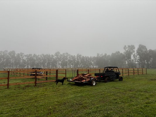 Horse Pasture Fencing - From an empty field to two large horse pastures. A simple yet timeless pasture design. three horizontal redwood boards with classic light-duty ranch gates. Horse Pasture Fencing - From an empty field to two large horse pastures. A simple yet timeless pasture design. three horizontal redwood boards with classic light-duty ranch gates.