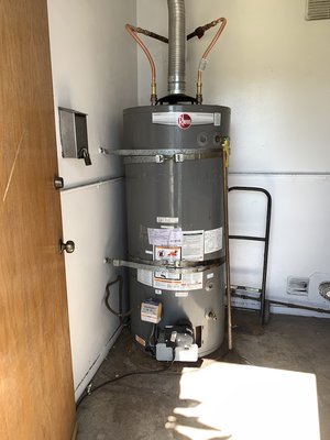 Residential to Commercial - Customer called us out because he mentioned his tenants were not getting enough hot water. Upon arrival we noticed the Rheem water heater that was installed was a RESIDENTIAL unit and was installed in a COMMERCIAL setting and not to mention undersized. We installed a Bradford White 100 gallon 85K BTU COMMERCIAL water heater. Residential to Commercial - Customer called us out because he mentioned his tenants were not getting enough hot water. Upon arrival we noticed the Rheem water heater that was installed was a RESIDENTIAL unit and was installed in a COMMERCIAL setting and not to mention undersized. We installed a Bradford White 100 gallon 85K BTU COMMERCIAL water heater.
