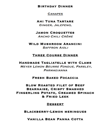 3 Course Dinner with Canapes - This Three Course Dinner with Canapes Menu is an offering of an example menu. Each menu will be custom tailored to fit the needs of our clients! 3 Course Dinner with Canapes - This Three Course Dinner with Canapes Menu is an offering of an example menu. Each menu will be custom tailored to fit the needs of our clients!