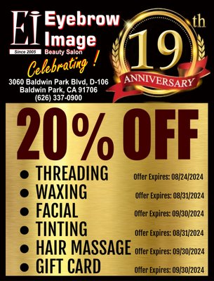 19th Anniversary Special Offer - 🎉 Celebrating 19 Beautiful Years! 🎉
We're thrilled to mark Eyebrow Image's 19th anniversary!
Enjoy a 20% discount on all services as a thank you for your support. Here's to many more years of beauty and style!