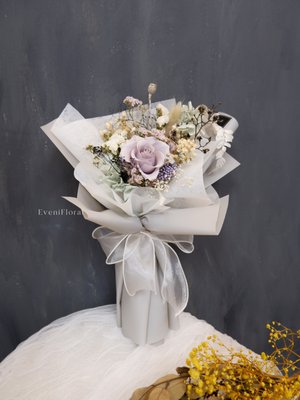 Petite Bouquet - Preserved Flower:

Preserved flowers retain their supple touch and natural color and last between 3-5 years(or longer in a sealed casing).
Just like dried flowers, to care for these beautiful blooms,
handle with care and keep out of direct sunlight, wind and away for humidity.
