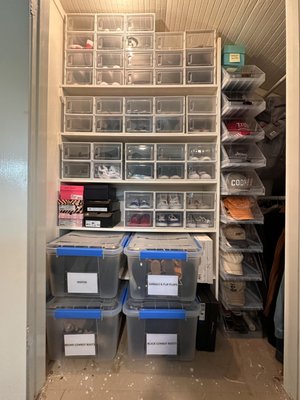 Shoe Closet Reorganization - The shoes in this closet were hard to recognize and disorganized. We removed all the boxes, measured and added perfect fitting clear containers to protect the shoes and sorted by style and color. Room was left over for hats to be stored in the same closet with a unique hat rack as well. Customer has full access and visibility of all items. Smiles are guaranteed opening this closet door now! Shoe Closet Reorganization - The shoes in this closet were hard to recognize and disorganized. We removed all the boxes, measured and added perfect fitting clear containers to protect the shoes and sorted by style and color. Room was left over for hats to be stored in the same closet with a unique hat rack as well. Customer has full access and visibility of all items. Smiles are guaranteed opening this closet door now!