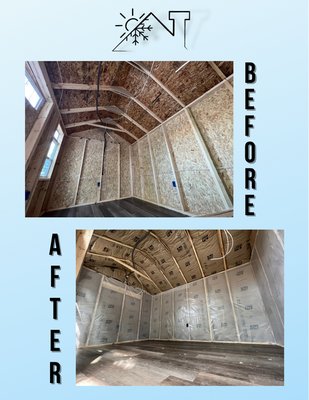 She-shed Batt Insulation Installation - This is the installation of batt insulation we installed on the walls and ceiling of this she-shed that is in the process of being built. We also installed a vapor barrier on top for added protection.