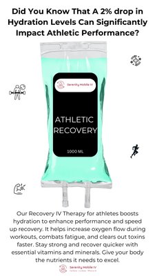 Athletic Recovery IV Package - Push your limits without the punishing recovery! Our Athletic Recovery IV is physician formulated with 1L Lactated Ringers, Vitamin C, B Complex, B12, Magnesium, Taurine, Glutathione, Amino Acids, and anti-inflammatories to help your body repair, recharge, and dominate your next workout! Athletic Recovery IV Package - Push your limits without the punishing recovery! Our Athletic Recovery IV is physician formulated with 1L Lactated Ringers, Vitamin C, B Complex, B12, Magnesium, Taurine, Glutathione, Amino Acids, and anti-inflammatories to help your body repair, recharge, and dominate your next workout!