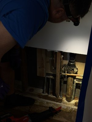 Drain pipe inside the wall leaking due to crack. - Day 1 night time ( EMERGENCY CALL ) : Confirmed a significant leak from a cracked pipe inside the wall
Day 2 : returned to complete the permanent repair. Cut out and removed the damaged section of cast iron drain pipe. Inspected the remaining cast iron drain pipe. No visible defects. Installed approx 16 inches of new abs drain pipe inside, abs coupling , no hub transition coupling. Reconnected the temporary supply line and flushed water through the drain multiple times to verify proper drainage. Thoroughly tested the completed repair and verified proper operation at the time of service. Cleaned the work area and removed all work related debris. Drain pipe inside the wall leaking due to crack. - Day 1 night time ( EMERGENCY CALL ) : Confirmed a significant leak from a cracked pipe inside the wall
Day 2 : returned to complete the permanent repair. Cut out and removed the damaged section of cast iron drain pipe. Inspected the remaining cast iron drain pipe. No visible defects. Installed approx 16 inches of new abs drain pipe inside, abs coupling , no hub transition coupling. Reconnected the temporary supply line and flushed water through the drain multiple times to verify proper drainage. Thoroughly tested the completed repair and verified proper operation at the time of service. Cleaned the work area and removed all work related debris.