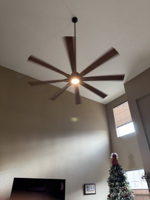 7’ Ceiling fan - This beautiful large 7’ LED ceiling fans was hung in 18’ vaulted ceiling. The fan has 6 speeds and is controlled by a remote.