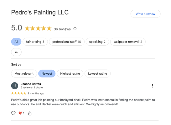Google Reviews - Thank you for considering Pedro's Painting for your upcoming service. We appreciate your understanding as we continue to grow our Yelp reviews organically. In the meantime checkout what others have said about service elsewhere online.