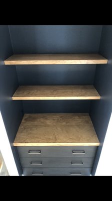 Shelf and Cabinet Build - These shelves were built on top of a cabinet in the nook of this wall. Everything was leveled and scribed to the ground/ wall before getting caulked in.