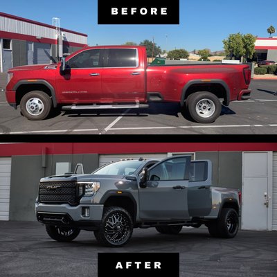 (1Ton) 2021 GMC Sierra Transformation - This (1Ton) 2021 GMC Sierra was brought to us with the boring factory red exterior. This customer came to us and stated she hated the red and wanted to change the full exterior of the vehicle and didn't want to see any red on the vehicle. Not only did we transform this truck but we fully customized this vehicle with avery nardo gray vinyl wrap, in eluding the door jams, 4 stage paint correction, full gloss black chrome delete, gloss black powder coated steps to get into the vehicle, ceramic coating, leveling lift kit with 22" fuel dually triton 1pc black with milled accents wheels on 285/55R22 open country toyo tires.
This head turning Beast is now ready for the road and whatever is in its way (1Ton) 2021 GMC Sierra Transformation - This (1Ton) 2021 GMC Sierra was brought to us with the boring factory red exterior. This customer came to us and stated she hated the red and wanted to change the full exterior of the vehicle and didn't want to see any red on the vehicle. Not only did we transform this truck but we fully customized this vehicle with avery nardo gray vinyl wrap, in eluding the door jams, 4 stage paint correction, full gloss black chrome delete, gloss black powder coated steps to get into the vehicle, ceramic coating, leveling lift kit with 22" fuel dually triton 1pc black with milled accents wheels on 285/55R22 open country toyo tires.
This head turning Beast is now ready for the road and whatever is in its way