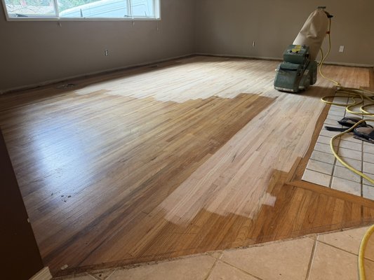 Hardwood Refinishing - This beautiful red Oak floor was hiding underneath the carpets for years! After the carpets were removed, we were able to restore it back to beauty! Hardwood Refinishing - This beautiful red Oak floor was hiding underneath the carpets for years! After the carpets were removed, we were able to restore it back to beauty!