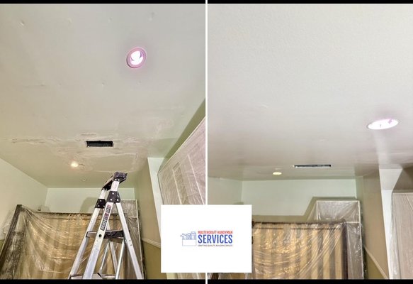 Ceiling Restoration — South Pasadena - Ceiling restoration in South Pasadena after water damage. The damaged section was repaired, resurfaced, and repainted to a smooth, even finish. Work was completed with professional dust control and clean containment throughout the process. Ceiling Restoration — South Pasadena - Ceiling restoration in South Pasadena after water damage. The damaged section was repaired, resurfaced, and repainted to a smooth, even finish. Work was completed with professional dust control and clean containment throughout the process.