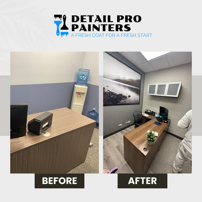 Modern Dental Office Remodel - This dental office remodel involved transforming an outdated space into a modern, welcoming environment for both patients and staff. Our team worked closely with the dental practice to redesign the layout, optimizing workflow and creating a more efficient use of space. New finishes, contemporary furniture, and updated fixtures were carefully selected to enhance the office's overall appearance and functionality.
The goal of this remodel was not only to improve the office’s aesthetic appeal but also to provide a comfortable, professional atmosphere for patients. The project included updating waiting areas, exam rooms, and staff spaces, creating a cohesive and modern look throughout. The result is a stylish, inviting space that elevates the patient experience and improves staff efficiency.
At Detail Pro Painters, we specialize in high-quality commercial remodels, paying close attention to every detail to create spaces that enhance both function and design. If you’re looking to update your dental office, contact us today for a consultation! Modern Dental Office Remodel - This dental office remodel involved transforming an outdated space into a modern, welcoming environment for both patients and staff. Our team worked closely with the dental practice to redesign the layout, optimizing workflow and creating a more efficient use of space. New finishes, contemporary furniture, and updated fixtures were carefully selected to enhance the office's overall appearance and functionality.
The goal of this remodel was not only to improve the office’s aesthetic appeal but also to provide a comfortable, professional atmosphere for patients. The project included updating waiting areas, exam rooms, and staff spaces, creating a cohesive and modern look throughout. The result is a stylish, inviting space that elevates the patient experience and improves staff efficiency.
At Detail Pro Painters, we specialize in high-quality commercial remodels, paying close attention to every detail to create spaces that enhance both function and design. If you’re looking to update your dental office, contact us today for a consultation!