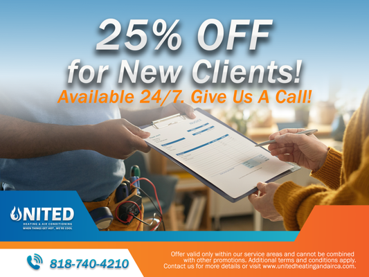 25% Off for First-Time HVAC Clients! - Summer is officially here, so we know it's expected to be hot out. If your AC isn’t working properly, now is the time to fix it. United Heating & Air is offering 25% off for all first-time customers. That includes repairs, maintenance, and new installations. So if you're new to us, give us a call today!

Summer’s busy, and spots fill up fast. Contact us soon to lock in the deal and get on the schedule. We show up on time, get the job done right, and don’t leave you guessing. Don’t wait until your system stops working completely. Let’s get it handled before the next heatwave hits!